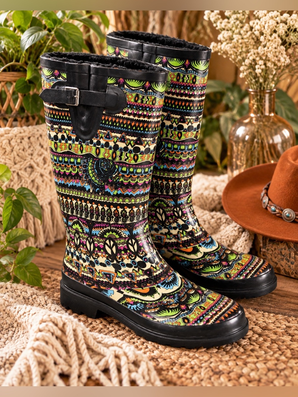 Sakroots Multicolor Patterned Rain Boots with Black Trim